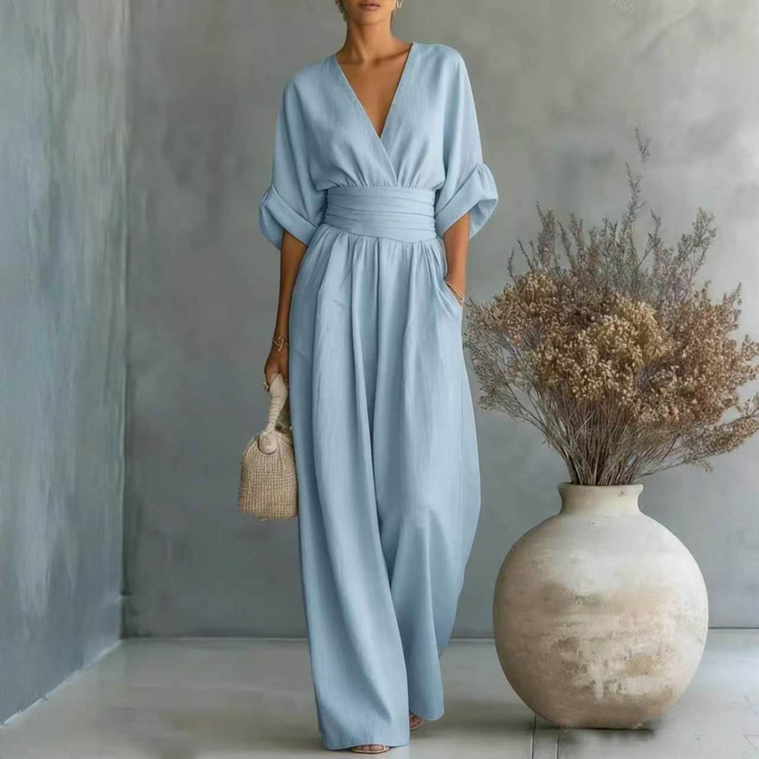 Elegant waist-cinching V-neck jumpsuit for women