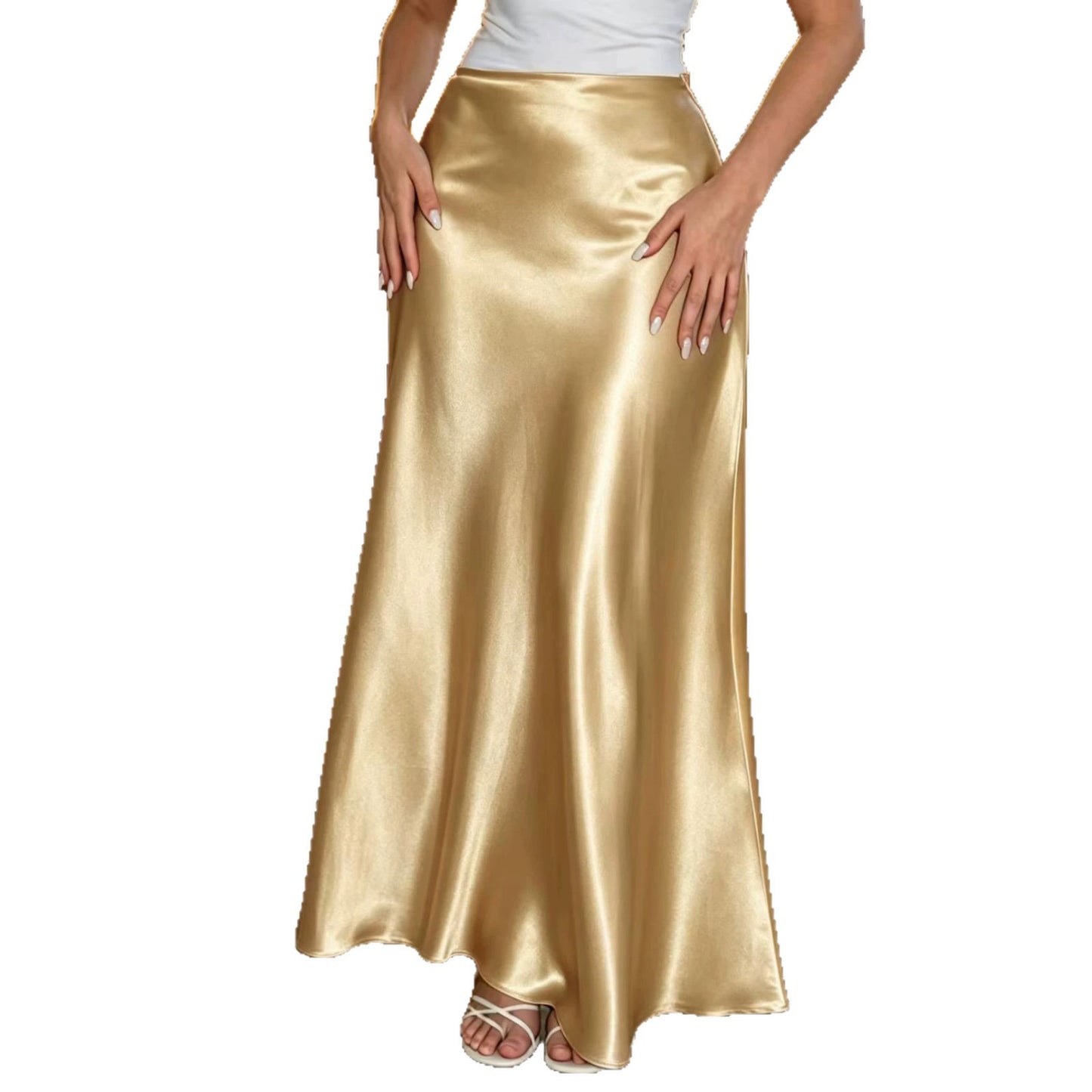 Satin Gold A-line Midi Skirt for Women - DivaBiba Fashion House