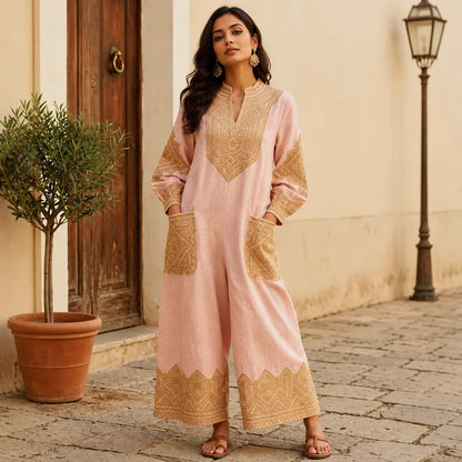 Ethnic Womens Fashionable Printed V-Neck Casual Long-Sleeve Jumpsuit