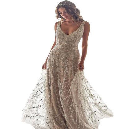 New Bronzing V-neck Long Dress for Women - DivaBiba Fashion House