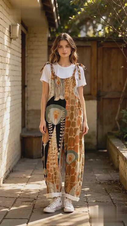 Women Vintage Abstract Plant Block Print Tie Strap Overalls Jumpsuit With Pockets